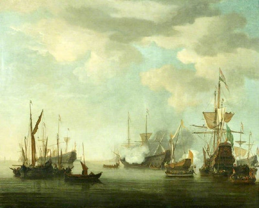 Men Of War At Anchor In A Calm by Willem van de Velde