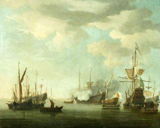 Men Of War At Anchor In A Calm by Willem van de Velde