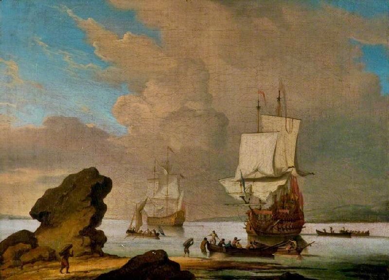 SEASCAPE: SHIPS AND BOATS IN A CALM OFF A ROCKY SHORE