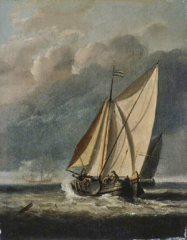 Seascape: A Yacht Sailing Under A Rainy Sky by Willem van de Velde