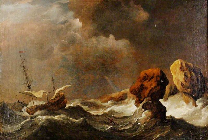 Ship In Distress Off Rock by Willem van de Velde