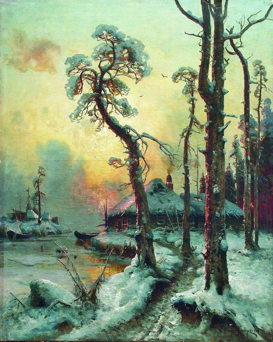 Winter Landscape With River And Houses by Julius Klever