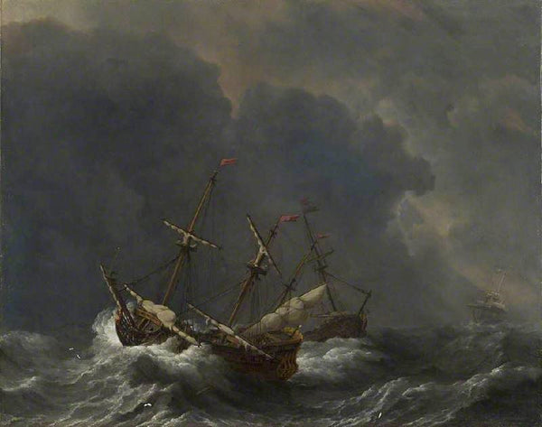 Three Ships In A Gale by Willem van de Velde