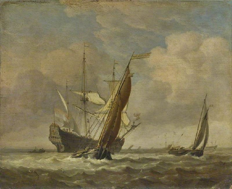 Two Small Vessels And A Dutch Man O’War In A Breeze by Willem van de Velde