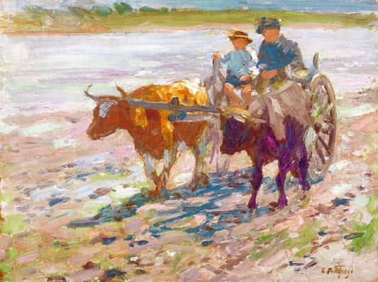 Man And Child On An Ox Cart by Edward Potthast