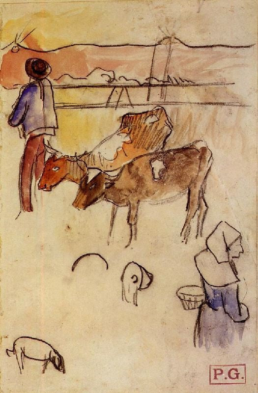 Bretons And Cows, Sketch by Paul Gauguin