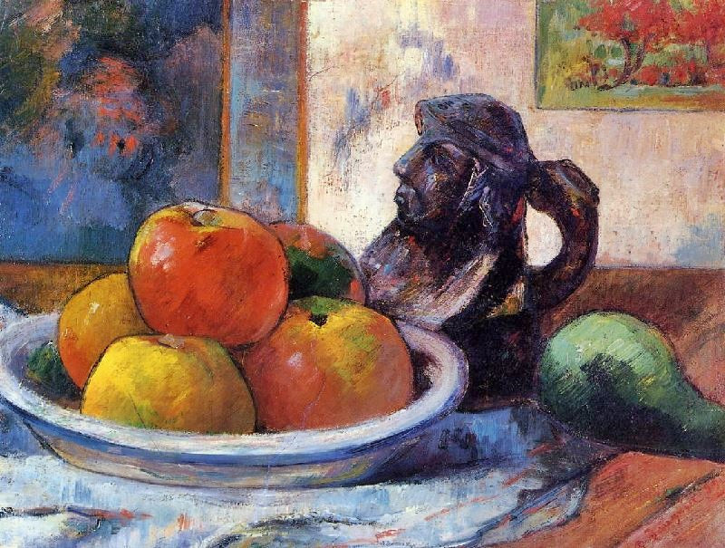 STILL LIFE WITH APPLES, PEAR AND CERAMIC PORTRAIT JUG