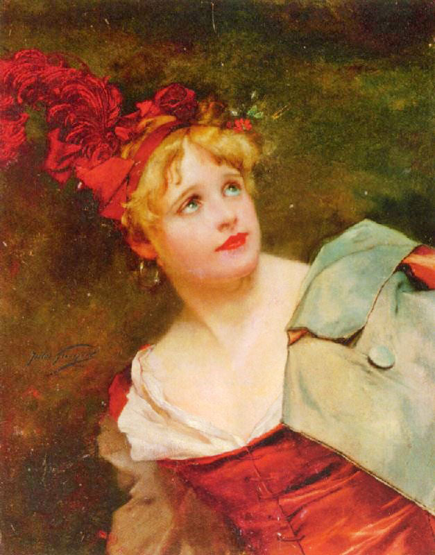 Lady Wearing A Crimson Hat by Jules-Adolphe Goupil