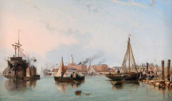 Entrance To Portsmouth Harbour With British Man Of War by George Cole