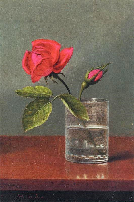 Red Rose And Bud In A Tumbler On A Shiny Table by Martin Johnson Heade