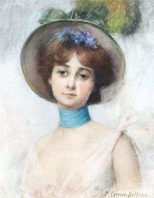 Portrait Of A Lady In A Spring Bonnet by Pierre Carrier-Belleuse