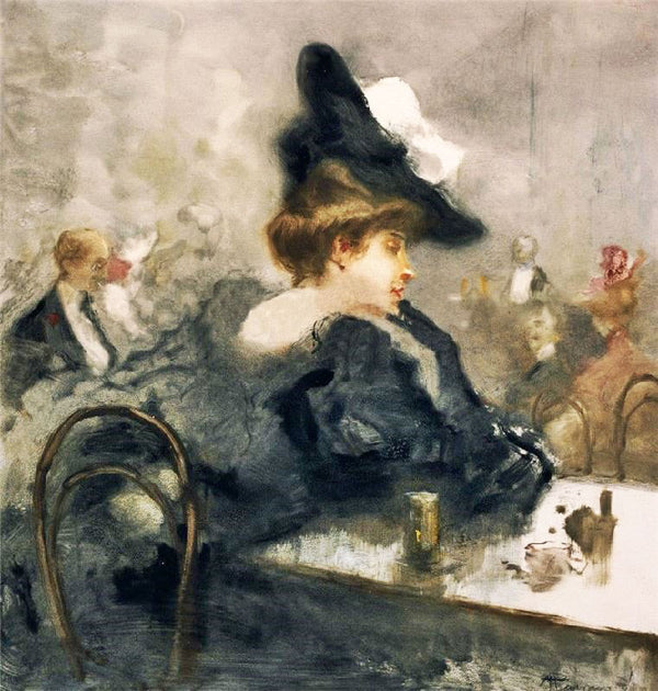An Elegant Lady In Black In A Cafe by Pompeo Mariani