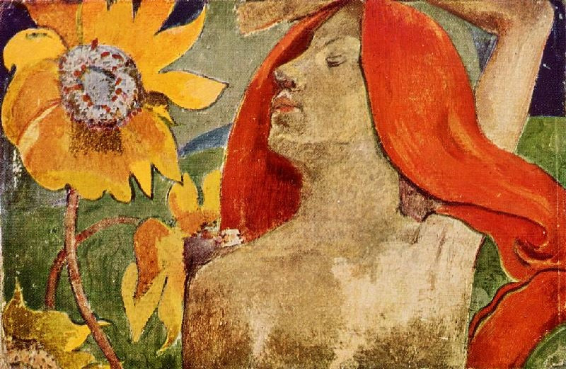 REDHEADED WOMAN AND SUNFLOWERS