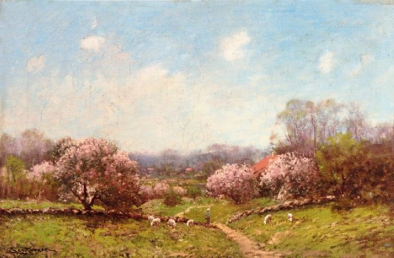LANDSCAPE WITH APPLE BLOSSOMS, FIGURE AND SHEEP