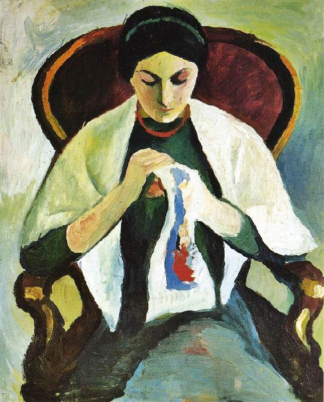 Woman Embroidering In An Armchair: Portrait Of The Artist’S Wife by August Macke