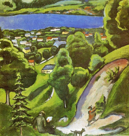 Tegernsee Landscape With Man Reading And Dog by August Macke