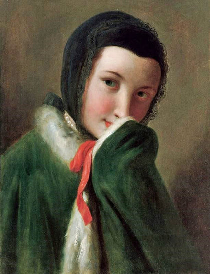 Portrait Of A Woman With Black Lace Scarf, Green Coat With White Fur by Pietro Antonio Rotari