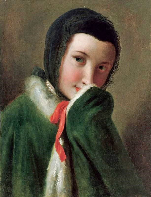 Portrait Of A Woman With Black Lace Scarf, Green Coat With White Fur by Pietro Antonio Rotari