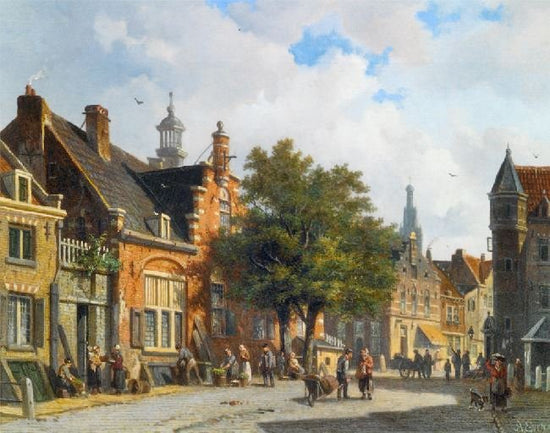 Figures In The Sunlit Streets Of A Dutch Town by Adrianus Eversen