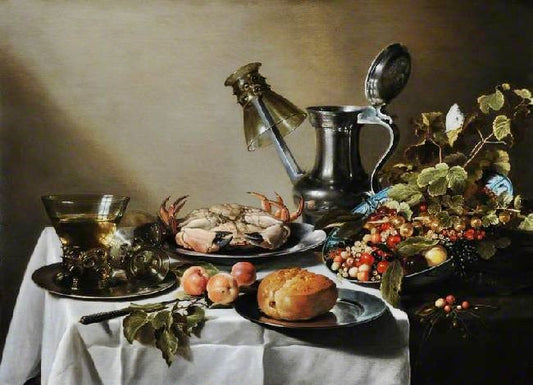 Still Life: Food, Glasses And A Jug On A Table by Pieter Claesz