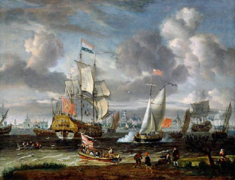 AN ENGLISH YACHT SALUTING A DUTCH MAN-OF-WAR IN THE PORT OF ROTTERDAM