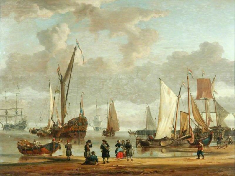 Coast Scene With Shipping Anchored Offshore And Figures On A Beach In The Foreground by Abraham Jansz. Storck