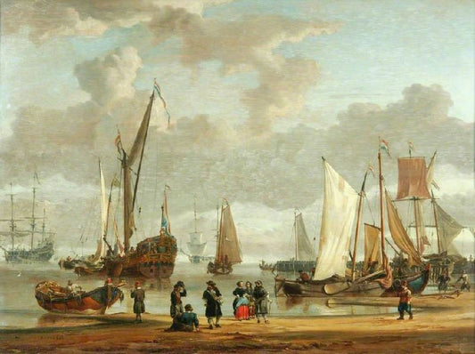Coast Scene With Shipping Anchored Offshore And Figures On A Beach In The Foreground by Abraham Jansz. Storck