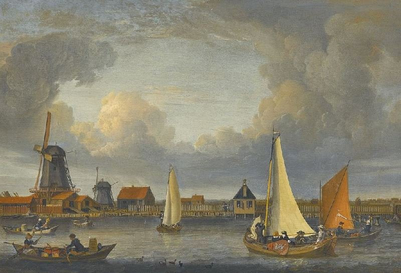 A RIVER LANDSCAPE WITH FISHERMEN IN ROWING BOATS AND WINDMILLS BEYOND