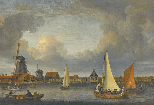 A River Landscape With Fishermen In Rowing Boats And Windmills Beyond by Abraham Jansz. Storck