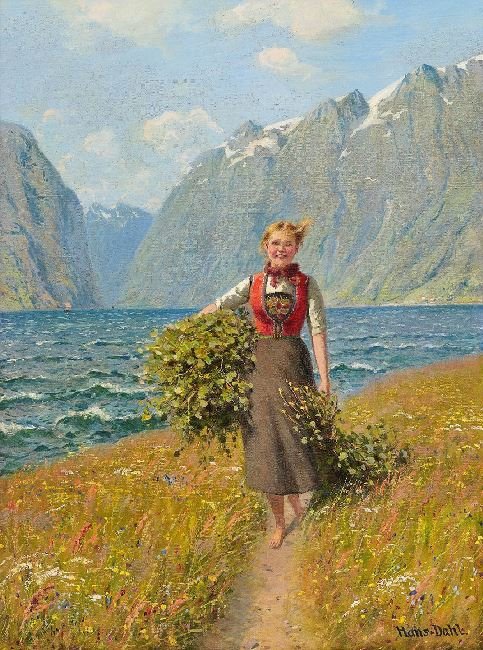 Girl Carrying Leaves by Hans Dahl