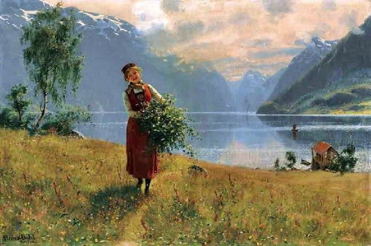 Young Girl With Birch Twigs In Front Of A Norwegian Fjord by Hans Dahl
