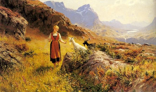 An Alpine Landscapewith A Shepherdess And Goats by Hans Dahl