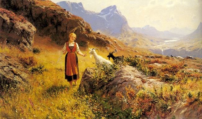 An Alpine Landscapewith A Shepherdess And Goats by Hans Dahl