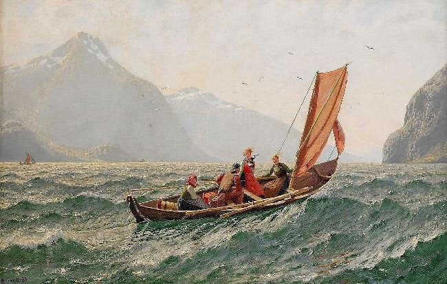 Fjord With Sailing Boat by Hans Dahl