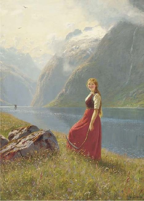 A Young Harvester At A Sunlit Fjord by Hans Dahl