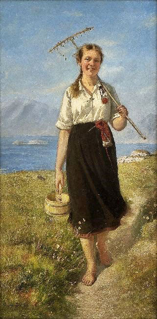 GIRL WITH RAKE AND WOODEN BOX