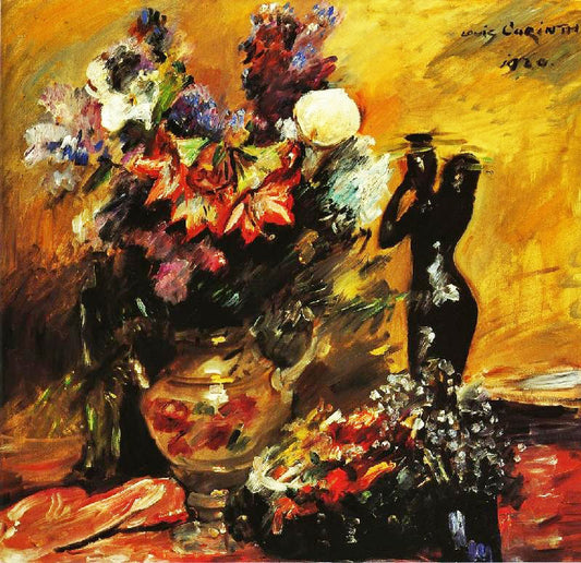 Calla Lilies And Lilacs With A Bronze Figurine by Lovis Corinth