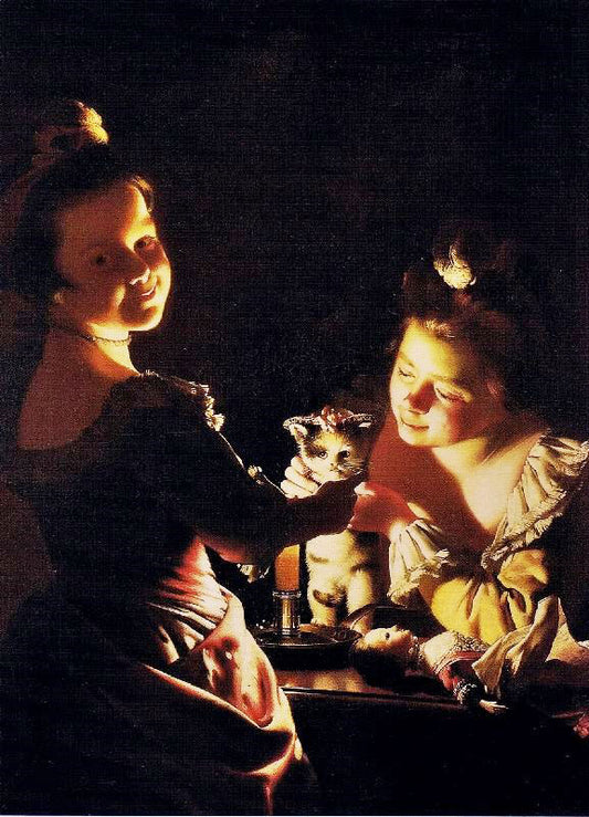 Two Girls Dressing A Kitten By Candlelight by Joseph Wright of Der