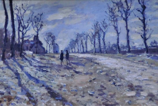 Route, Effet De Neige, Soleil Couchant (Snow Effect Along A Road With Setting Sun) by Claude Oscar Monet