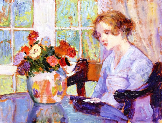Woman With Zinnia Bouquet by Bernhard Gutmann