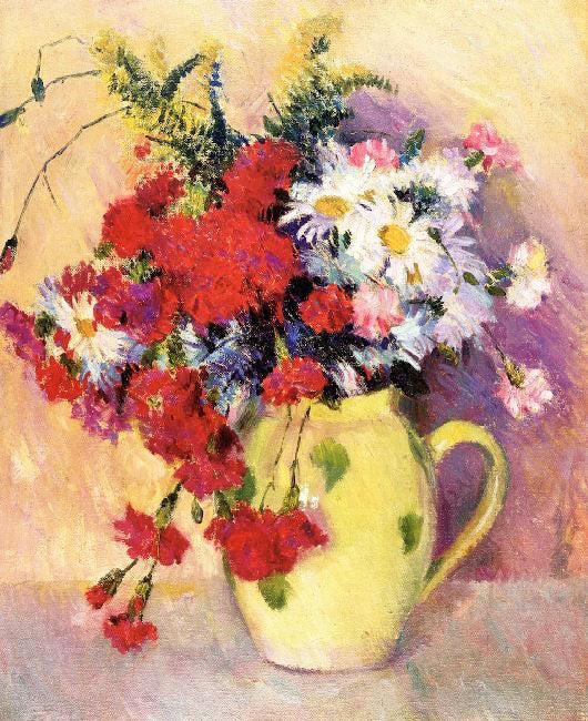 CARNATIONS AND DASIES IN A WHITE PITCHER