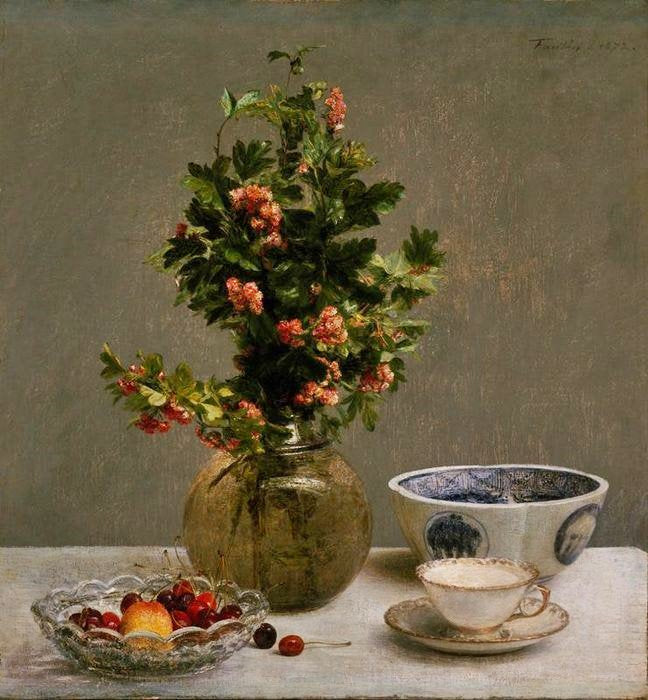 Still Life With Vase Of Hawthorn, Bowl Of Cherries, Japanese Bowl, And Cup And Saucer by Henri Fantin-Latour