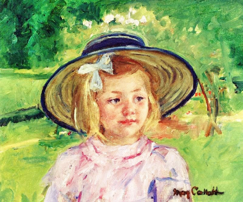 Little Girl In A Stiff, Round Hat, Looking To Right In A Sunny Garden by Mary Cassatt