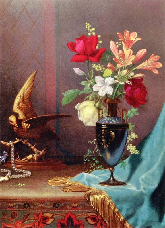 VASE OF MIXED FLOWERS WITH A DOVE