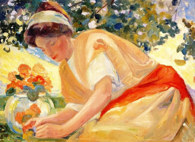 LADY AND HER BOWL OF NASTURTIUMS