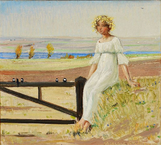 Young Girl With Flowers In Her Hair Sitting On A Fence by Harald Slott-Møller