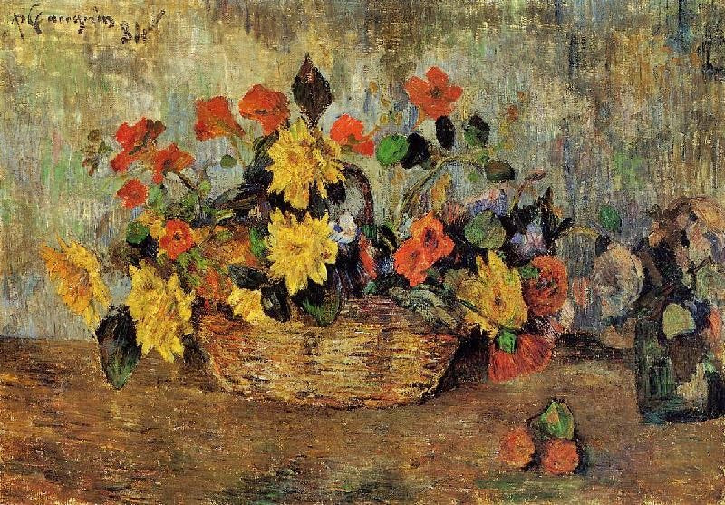 Nasturtiums And Dahlias In A Basket by Paul Gauguin