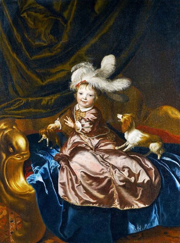 Portrait Of A Boy In Pink Silk Playing With Two Puppies by Jacob Van Loo