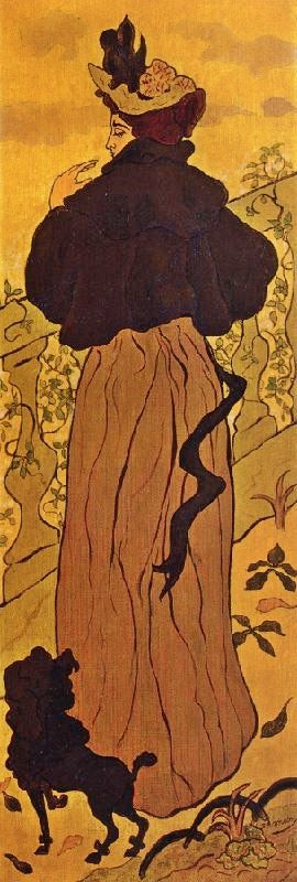 WOMAN STANDING AT A BALUSTRADE WITH A POODLE