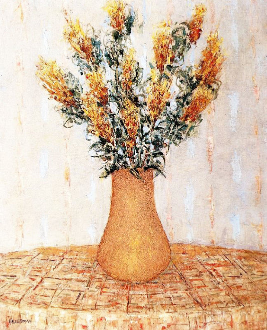 Still Life With Yellow Flowers And Plaid Tablecloth by Arnold Friedman